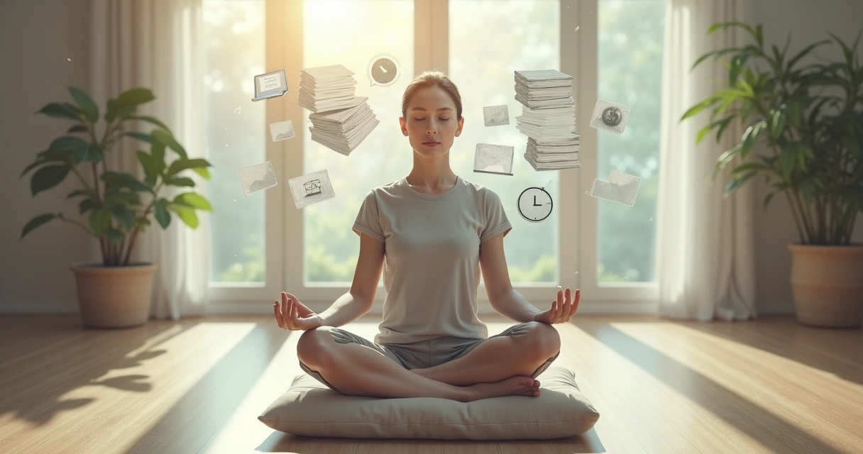 Pessoa meditando com mente inquieta e pensamentos ao redor 