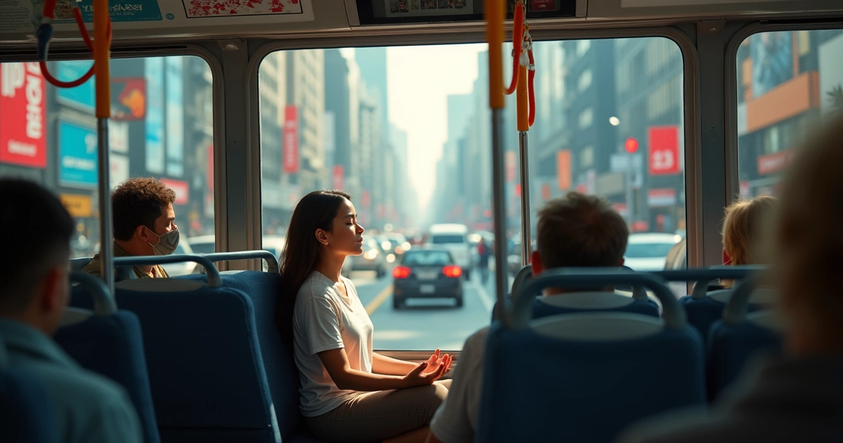 Pessoa meditando sentada em ônibus urbano lotado e barulhento 