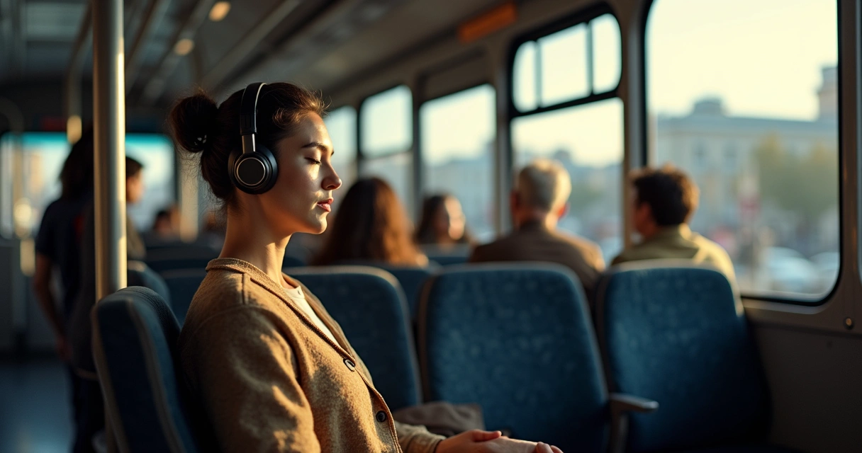 Pessoa meditando em um ônibus em movimento com fone de ouvido 