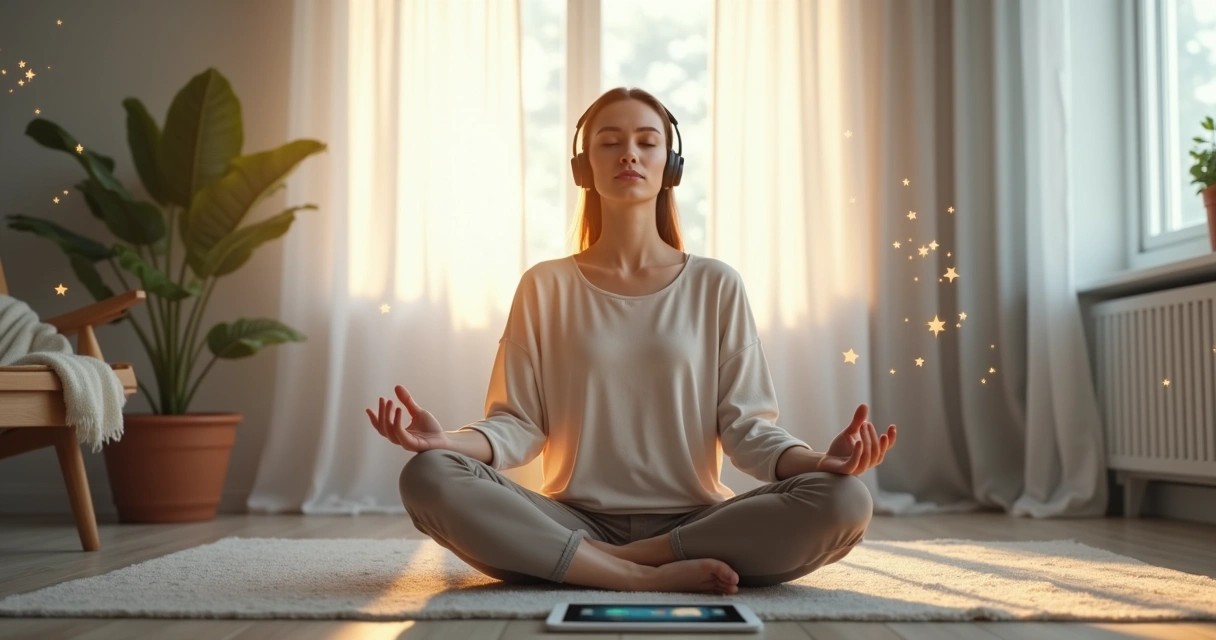 Mulher sentada com fone praticando meditação guiada em sala moderna 