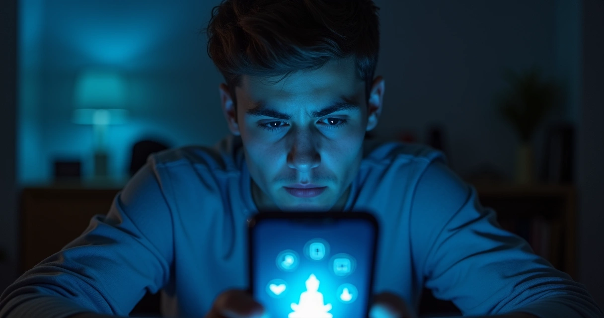 Pessoa olhando para tela do celular com expressão de dúvida enquanto vê conteúdos espirituais 