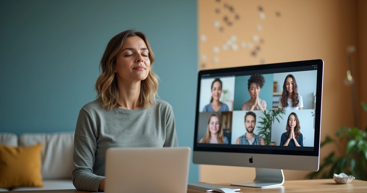 Facilitador guiando um grupo online para meditação e pausa consciente 