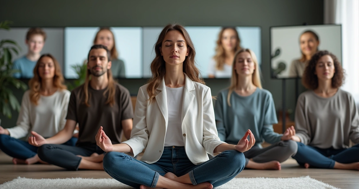 Equipe conectada em videoconferência, todos com olhos fechados praticando meditação guiada