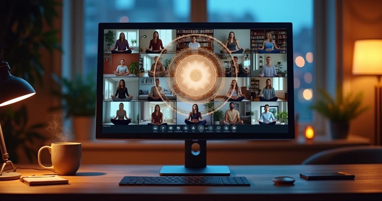 Tela de computador mostrando grupo diverso em meditação online conectado em círculo luminoso 