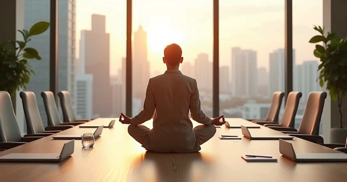 Profissional em meditação silenciosa em sala de reunião moderna 