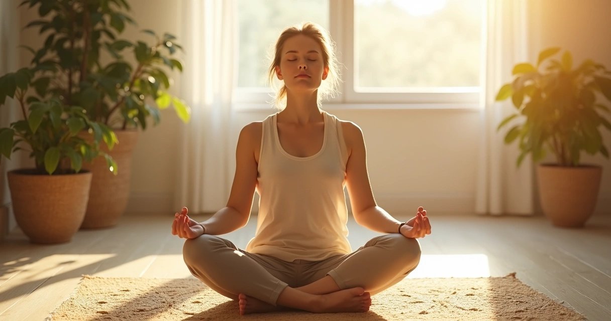 Pessoa meditando sentada com olhos fechados, ambiente iluminado 