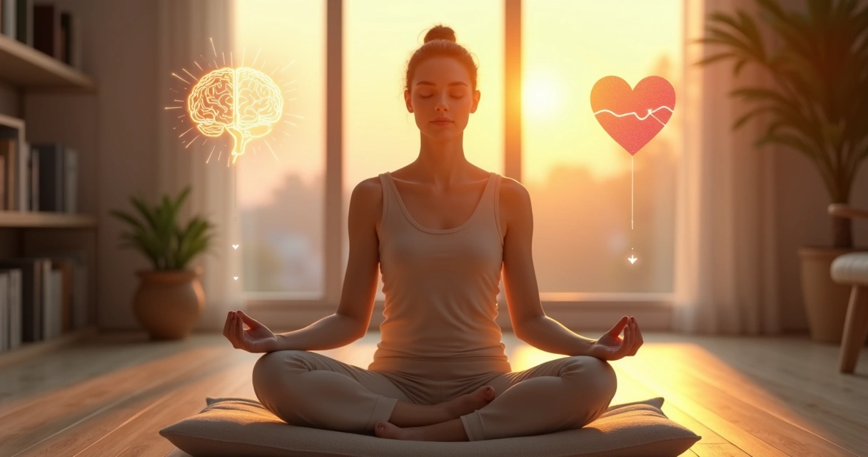 Pessoa meditando em sala tranquila com setas ligando mente ao coração e a um caminho à frente 