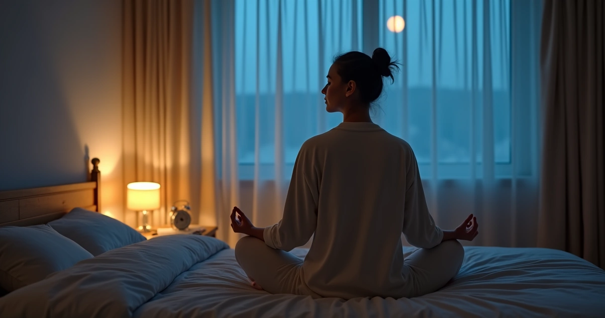 Pessoa sentada meditando na cama em quarto escuro pronto para dormir 