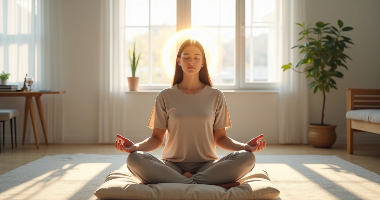Pessoa sentada meditando em sala clara com luz suave na cabeça 