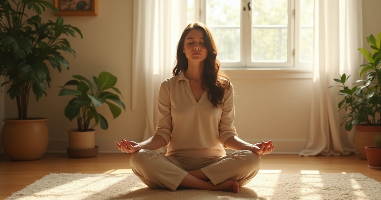 Pessoa meditando sentada no chão com olhos fechados, em ambiente acolhedor