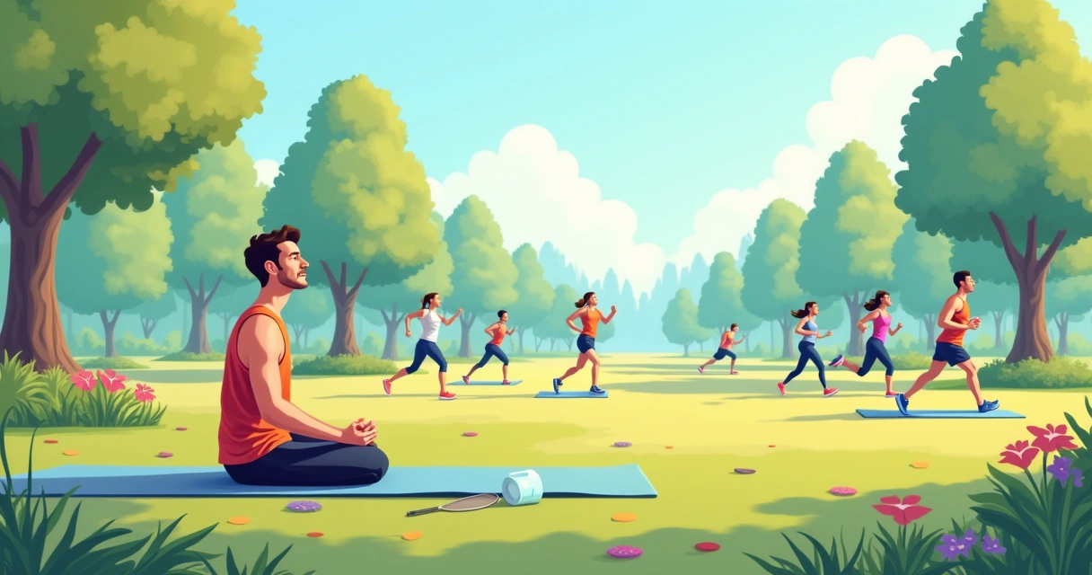 Homem meditando em um parque sereno durante o exercício, rodeado por natureza e pessoas se exercitando.