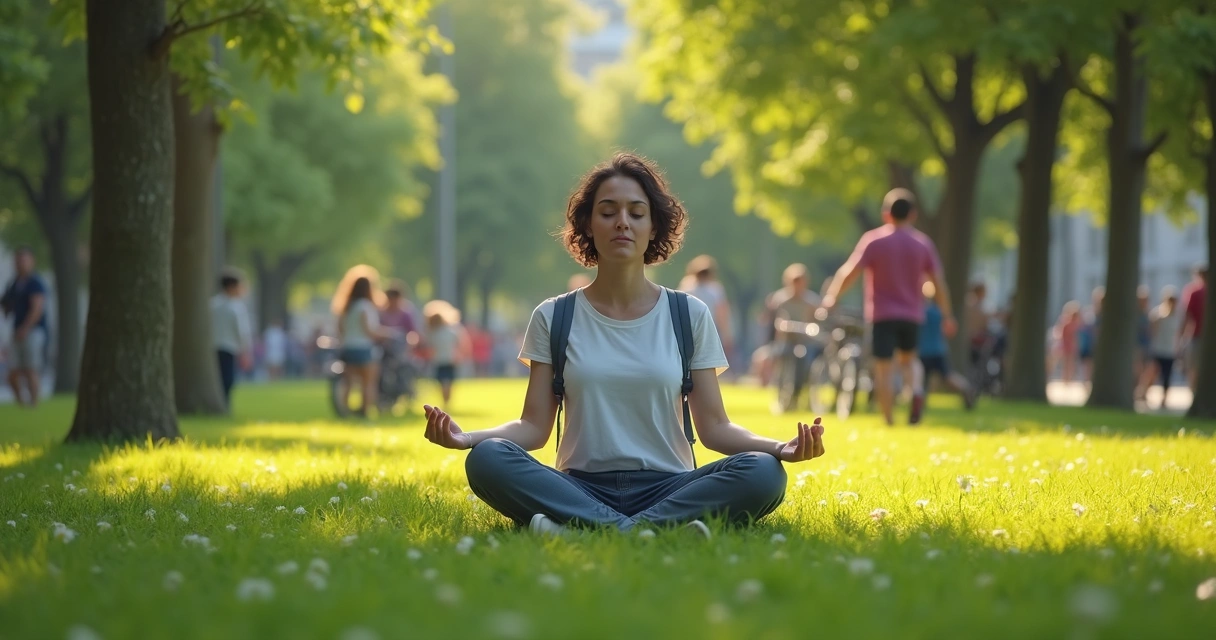 Pessoa sentada meditando em um parque com pessoas caminhando ao fundo 