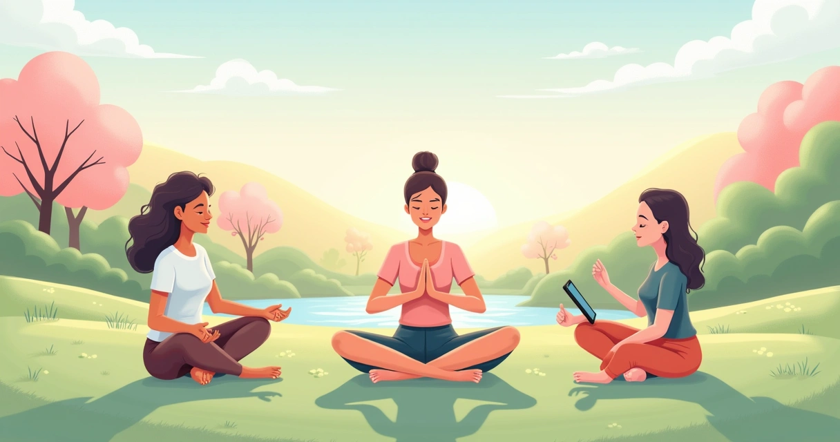 Três pessoas meditando em um parque tranquilo, praticando respiração, contagem e meditação guiada.