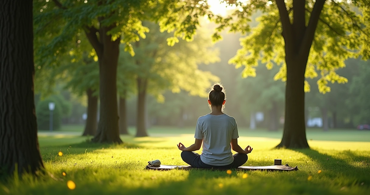 Pessoa sentada em meditação em parque arborizado