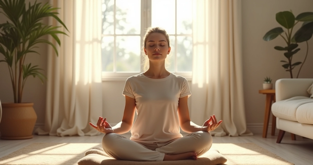 Pessoa em postura de meditação passiva em uma sala tranquila com luz natural 