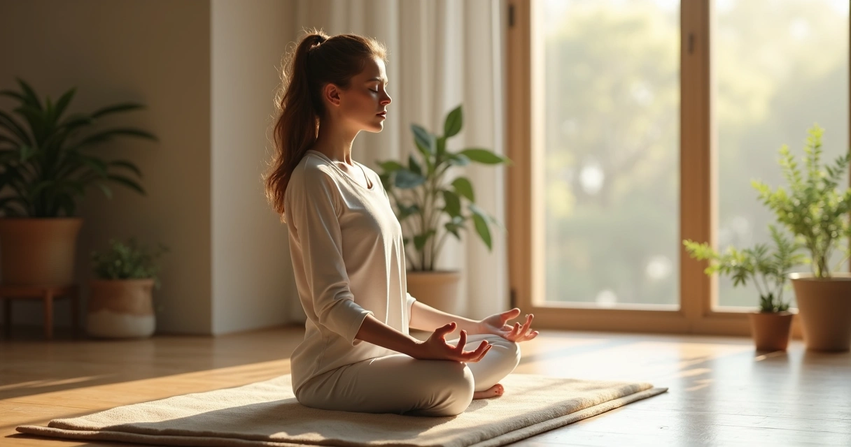 Pessoa sentada em posição de lótus meditando em ambiente calmo 
