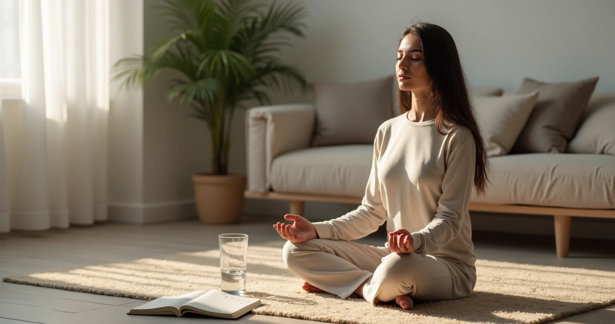 Pessoa sentada no chão com caderno ao lado e olhos fechados em pausa meditativa