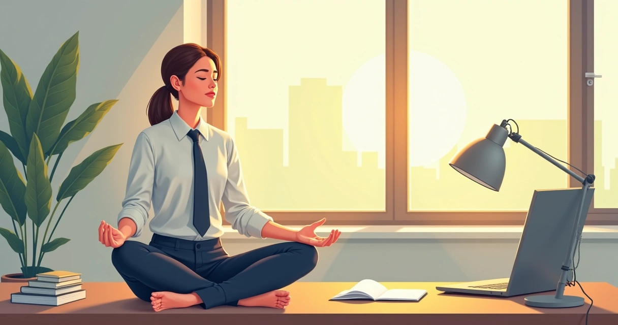 Pessoa fazendo uma pausa para meditação ao lado do laptop