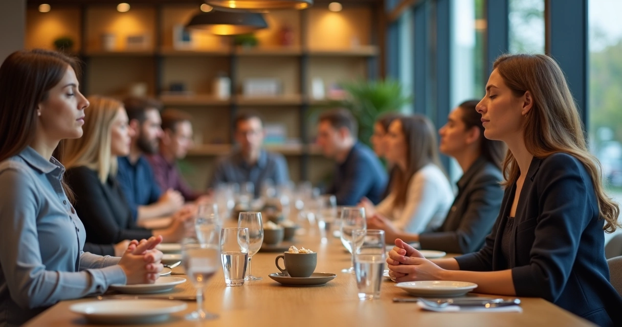 Pequeno grupo sentado ao redor de mesa em ambiente de refeitório de empresa, alguns praticando respiração consciente antes do almoço. 