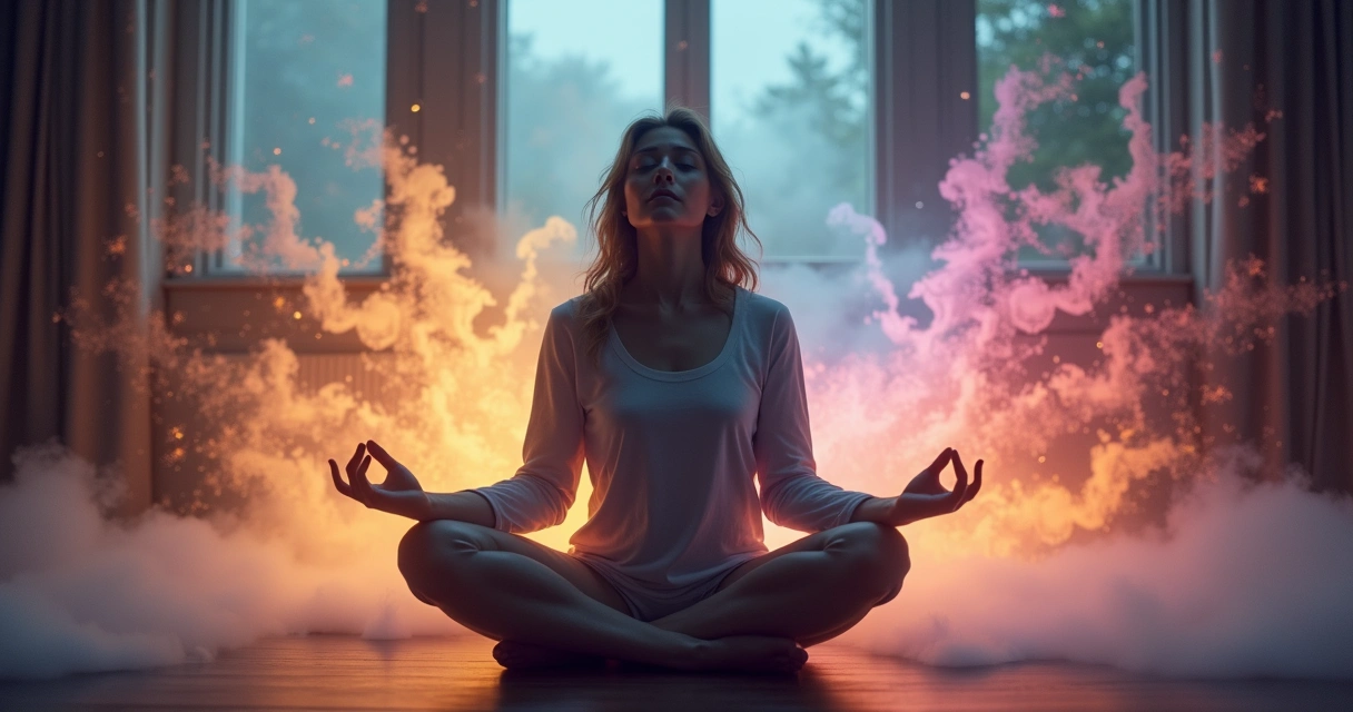 Pessoa sentada de olhos fechados com silhuetas de pensamentos passando ao redor 