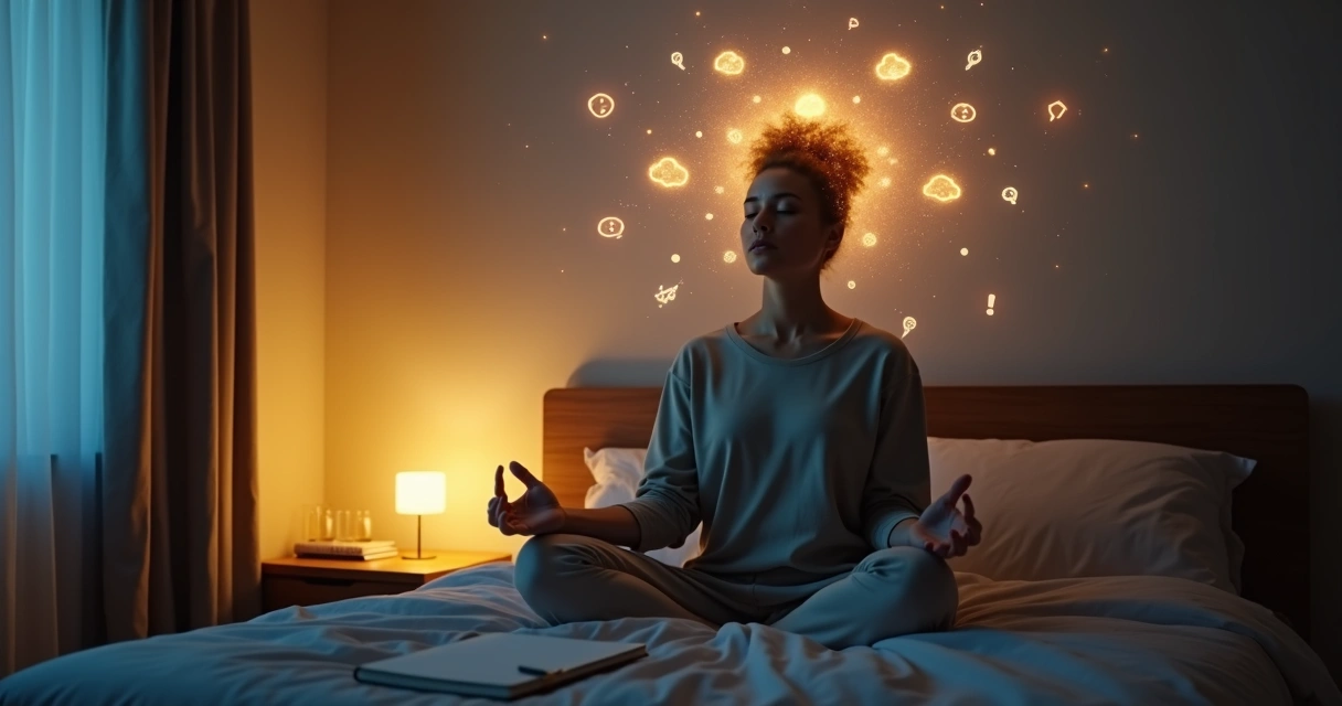 Pessoa meditando em quarto escuro com pensamentos coloridos flutuando ao redor 