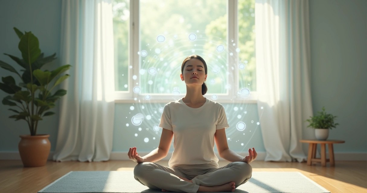 Pessoa meditando enquanto observa pensamentos representados por formas suaves ao redor