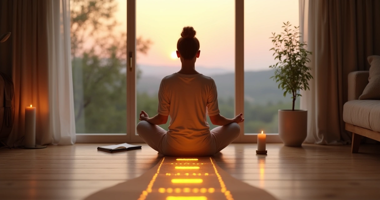 Pessoa sentada em meditação olhando um caminho de pequenos passos iluminados 