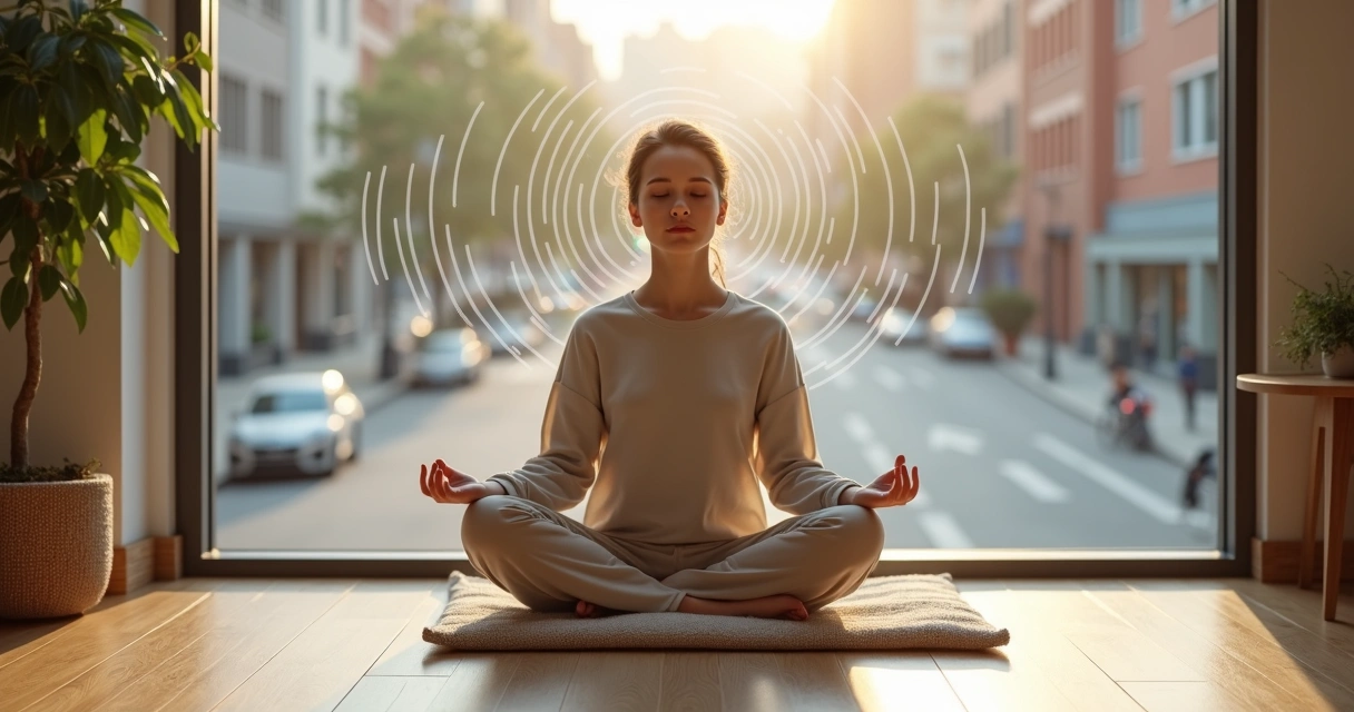 Pessoa meditando em ambiente urbano ouvindo sons ao redor 