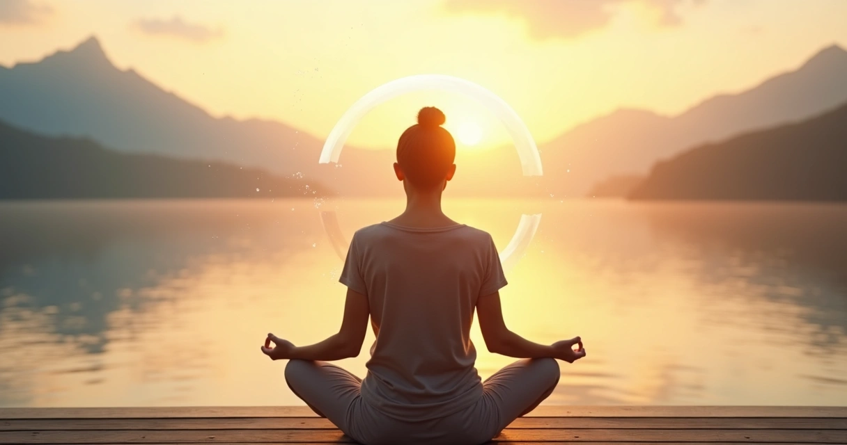 Pessoa sentada em posição de meditação diante de paisagem calma ao nascer do sol 