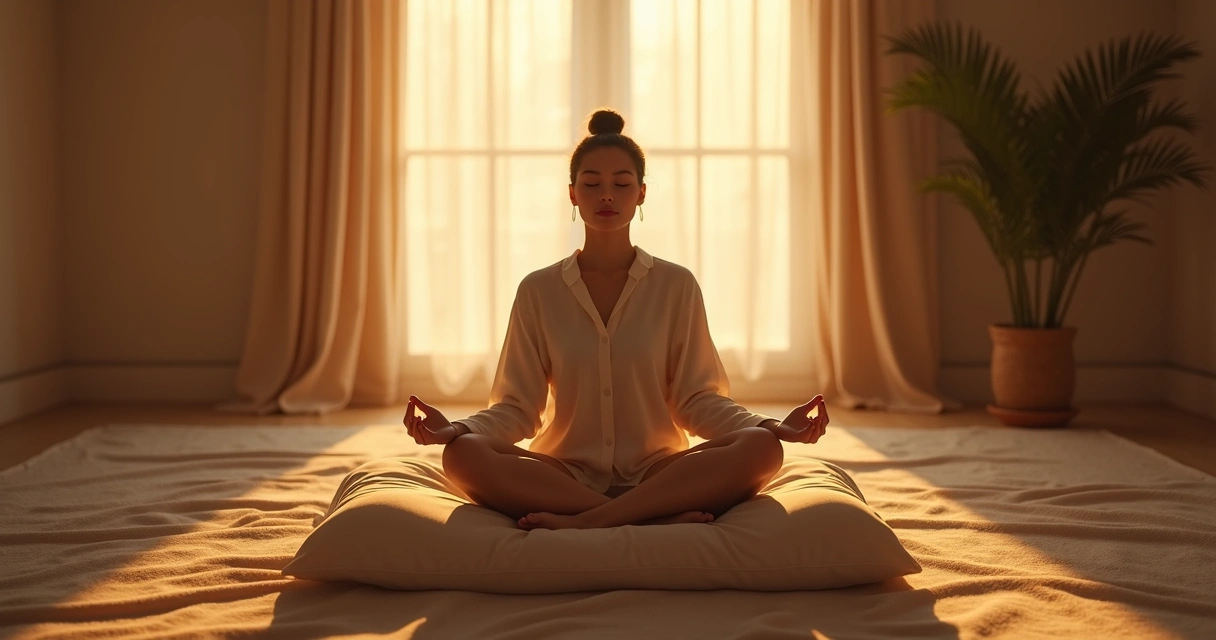 Pessoa sentada de olhos fechados em posição de meditação em sala iluminada com luz suave, atmosfera tranquila 