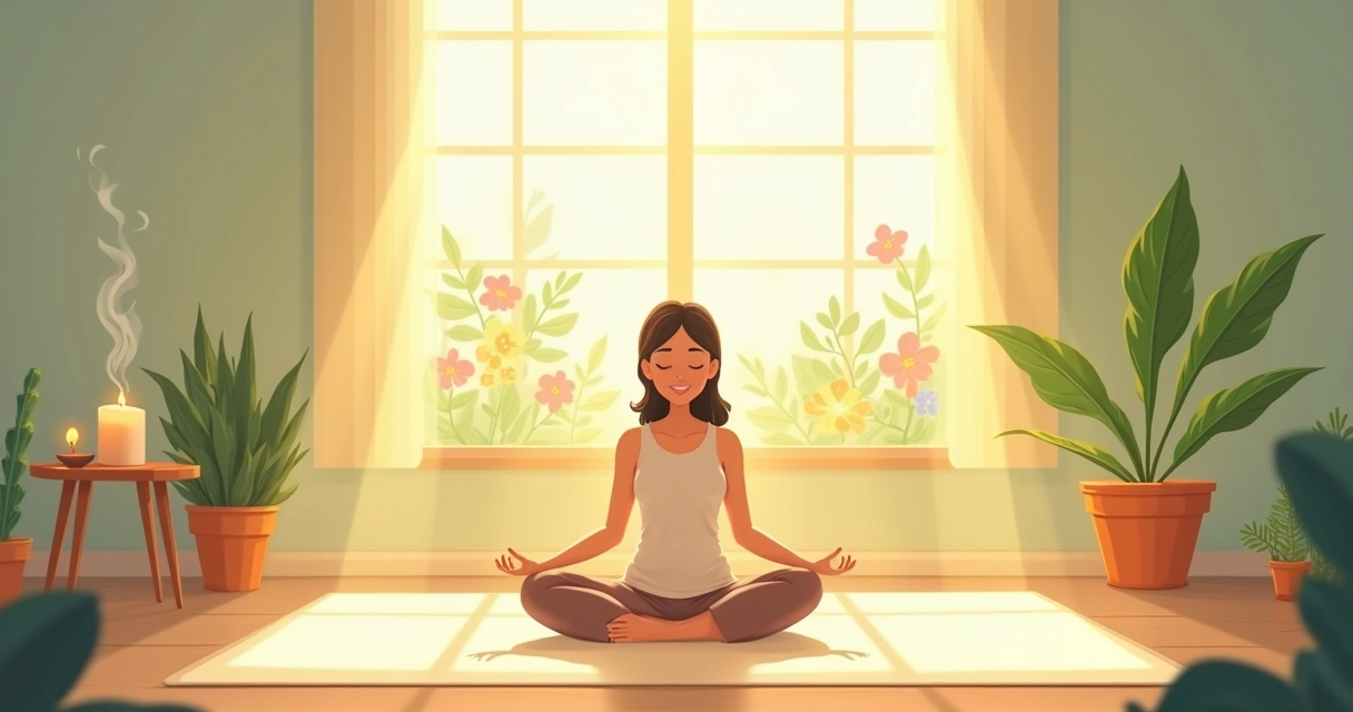 Cena tranquila de meditação com uma pessoa sobre um tapete, cercada por luz dourada e natureza ao fundo.