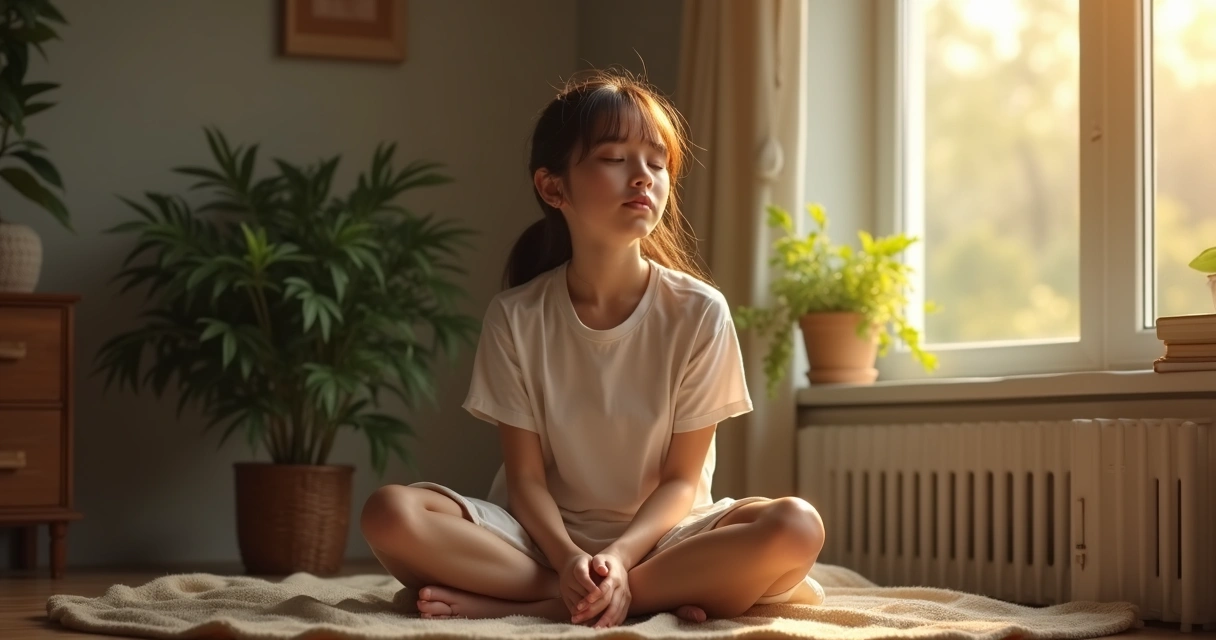 Pessoa sentada com olhos fechados praticando meditação em local iluminado e sereno. 
