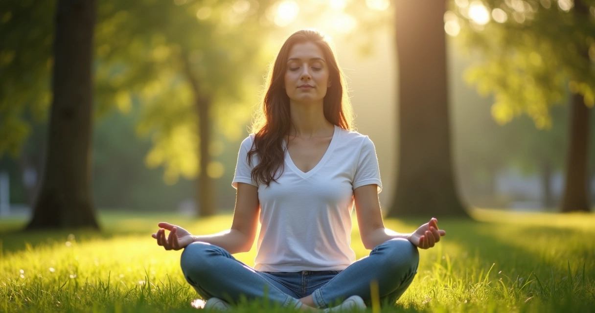Pessoa sentada em posição de meditação ao ar livre em meio à natureza, árvore ao fundo