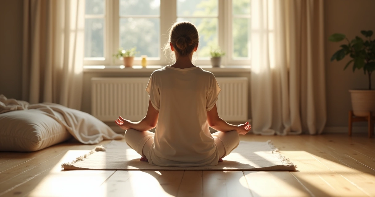 Pessoa meditando em ambiente calmo com luz natural 