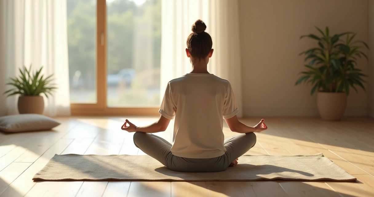 Pessoa sentada em posição de meditação com coluna ereta. 