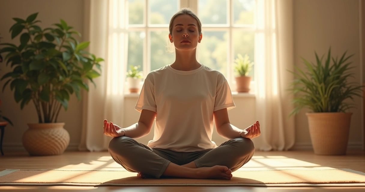 Pessoa sentada em posição de meditação com coluna reta e mãos nos joelhos