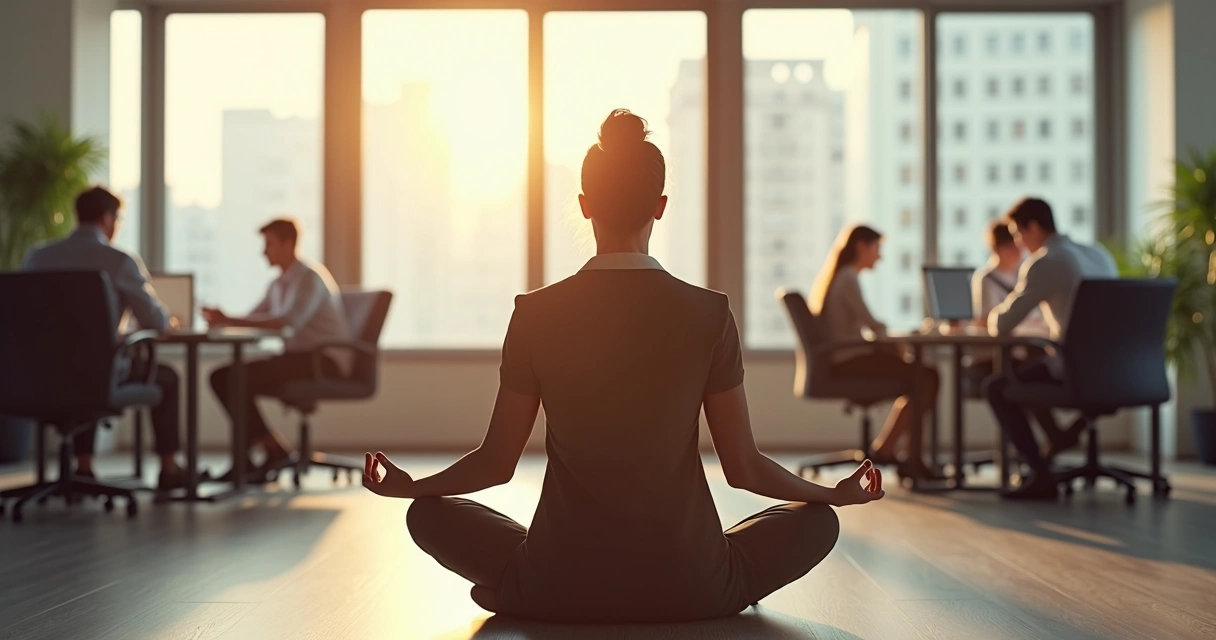 Pessoa sentada meditando em ambiente de escritório, com luz suave ao fundo 
