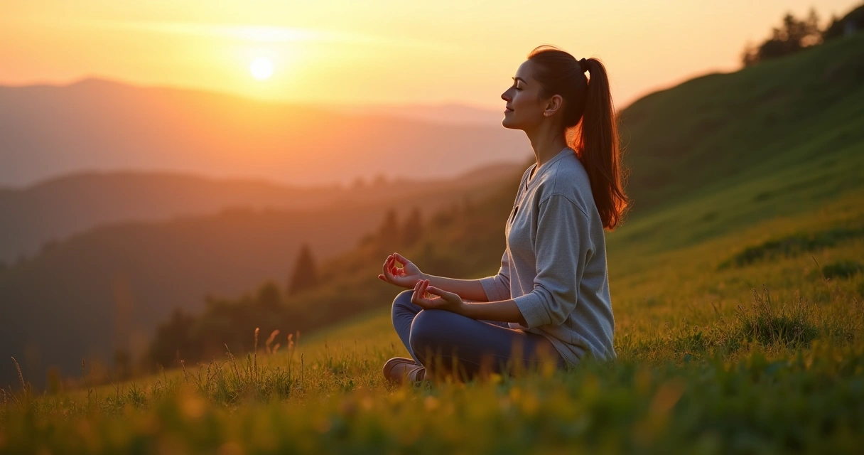 Pessoa sentada com postura ereta meditando em encosta verde ao pôr do sol, olhos fechados, rosto sereno, luz dourada ao fundo, ambiente natural e calmo. 