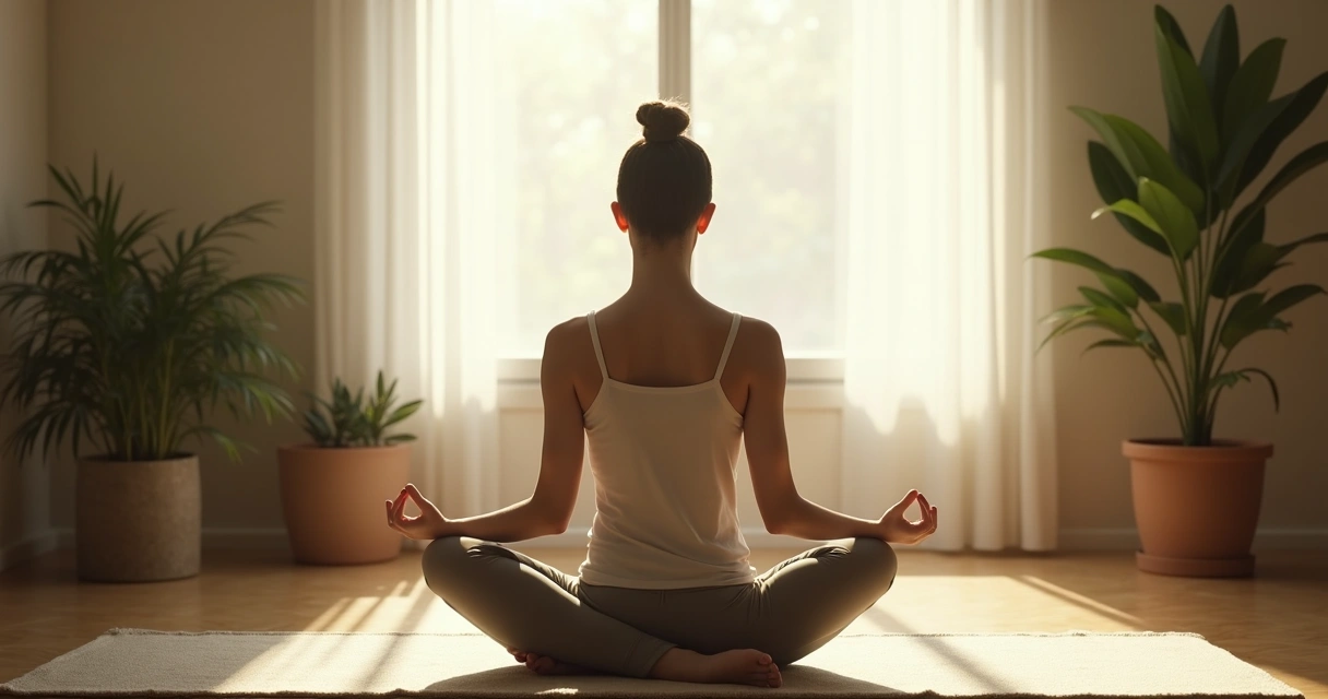 Pessoa sentada meditando com olhos fechados em ambiente tranquilo