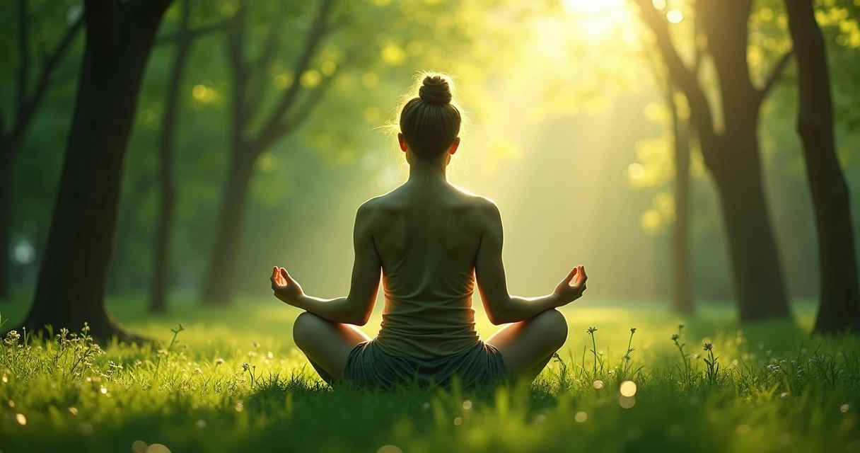 Pessoa meditando em ambiente natural com leve brilho ao redor