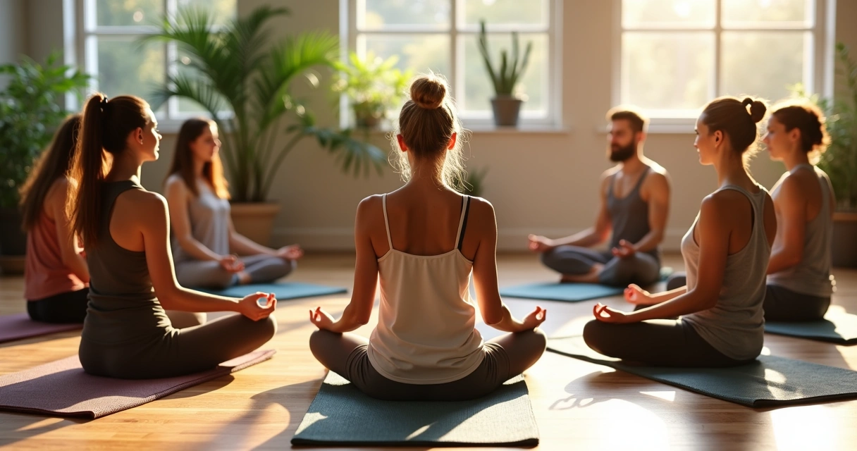 Grupo de pessoas sentadas em círculo meditando, olhos fechados, roupas confortáveis, ambiente iluminado por luz natural.