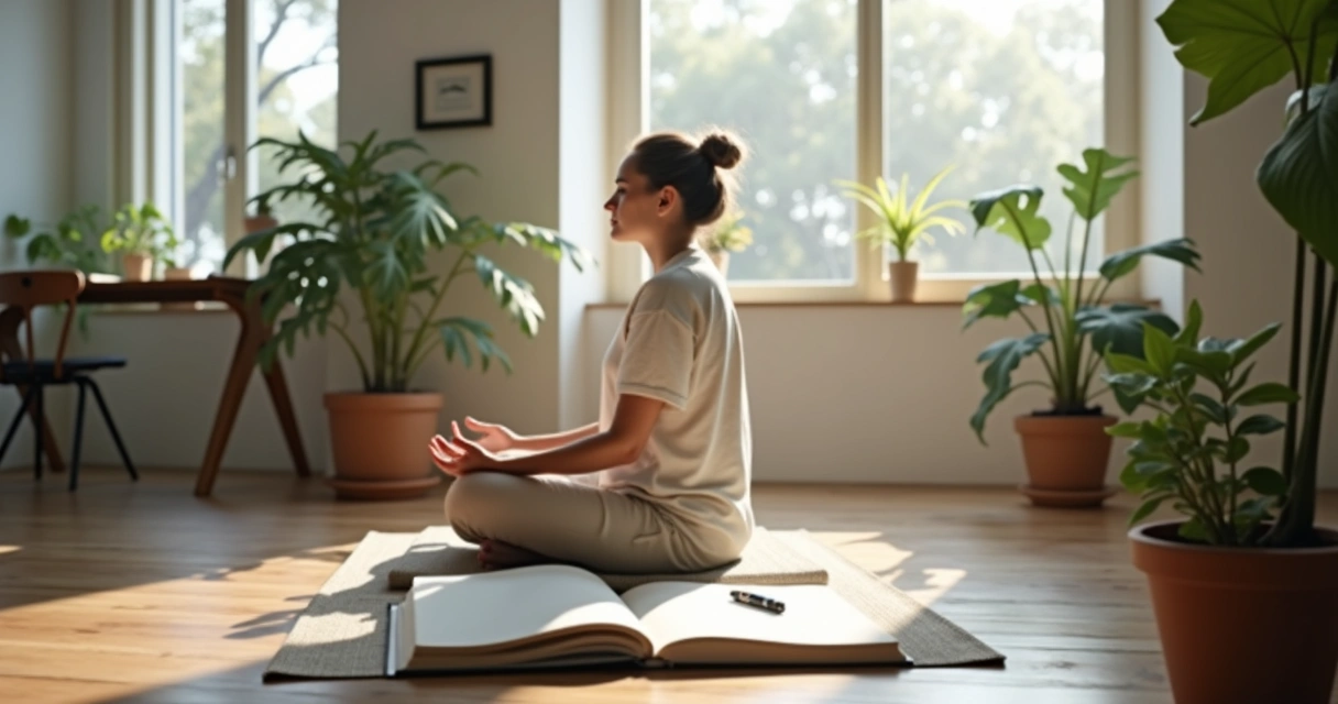 Pessoa sentada meditando perto de mesa com agenda e luz natural