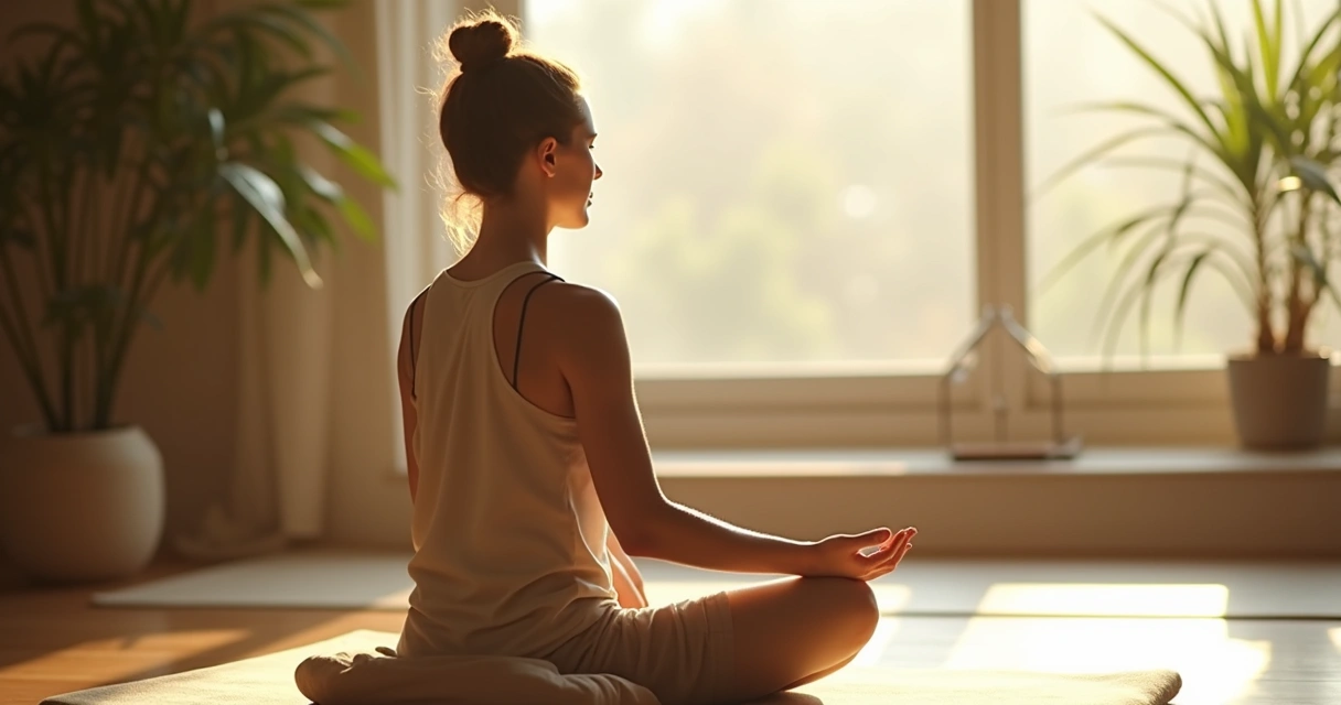 Pessoa meditando sentada, coluna ereta, ambiente tranquilo 