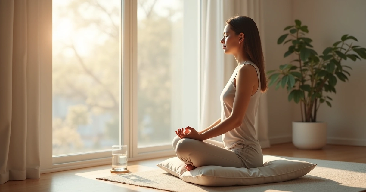 Pessoa sentada em meditação com luz suave da manhã