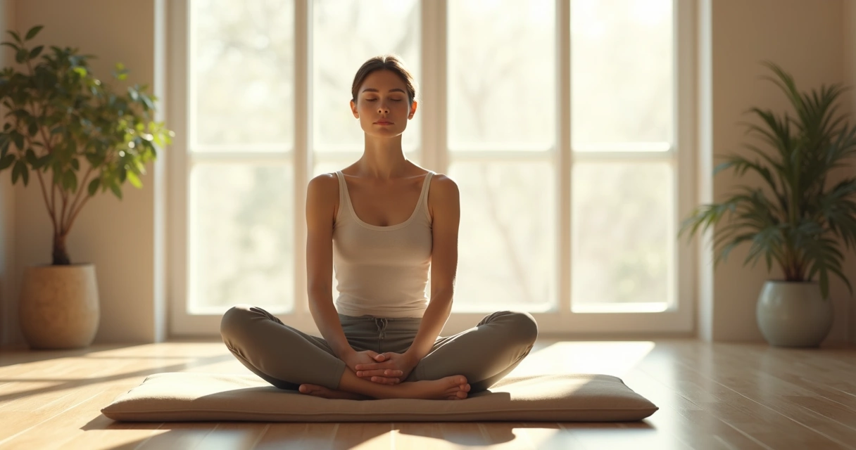 Pessoa sentada em meditação perto da janela com luz suave 