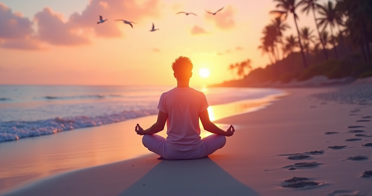 Indivíduo meditando em uma praia tranquila ao amanhecer, cercado por uma aura suave e céu em tons de laranja e rosa.