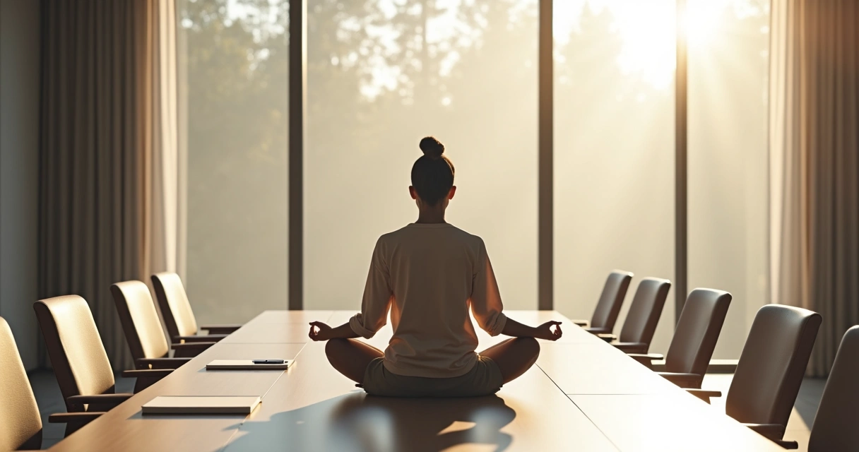 Pessoa sentada em posição de meditação em uma sala de reuniões vazia antes do encontro. 