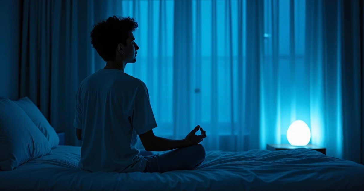 Pessoa sentada na cama em posição de meditação com ambiente tranquilo 