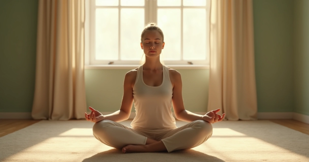 Pessoa sentada em posição de meditação com luz suave ao fundo