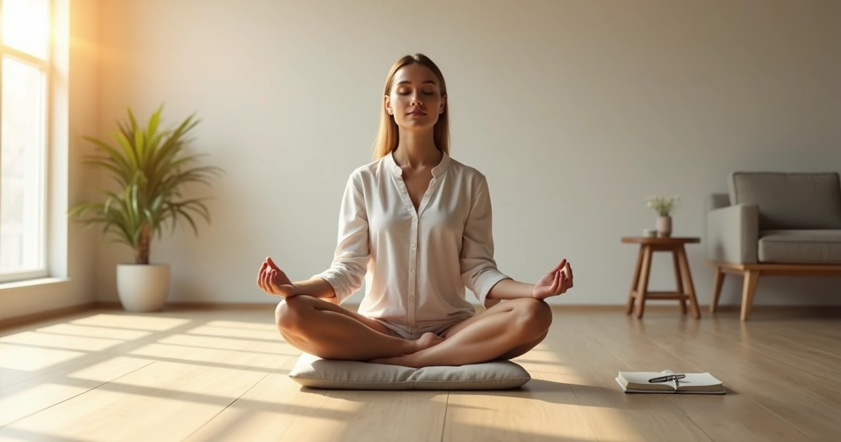 Pessoa sentada em meditação em sala iluminada com foco e presença 